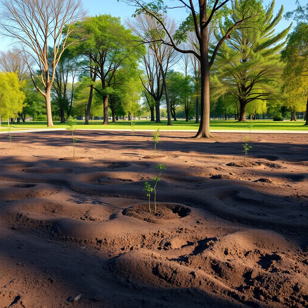 A wide shot of a recently cleared tree removal site. The ground is smooth and covered with fresh topsoil, with newly planted saplings emerging from the earth. The background should be a scenic park with a clear blue sky.