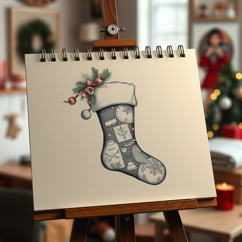 An artist's sketchpad with a detailed drawing of a custom Christmas stocking design. The sketch should showcase intricate details and personalized elements. The lighting should be soft and warm. The color palette should be muted and artistic. The background should be a blurred view of a cozy studio setting. Style references: illustration art emphasizing creativity and personalization. Technical specs: 4K resolution, high quality rendering, shallow depth of field.
