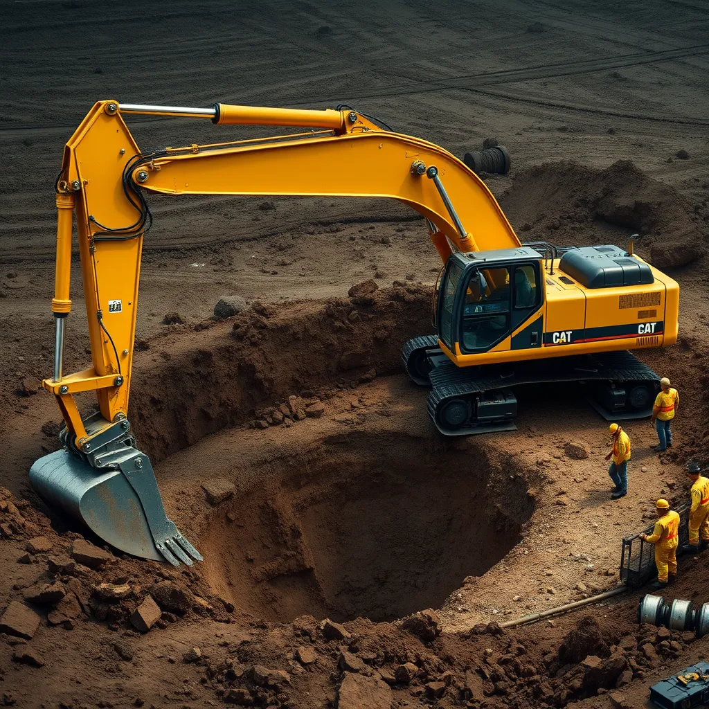 An excavator digging a large hole in the ground, with a backhoe attachment and a team of workers overseeing the process. The image should depict a complex excavation project, showcasing the capabilities of the equipment and the expertise of the team.