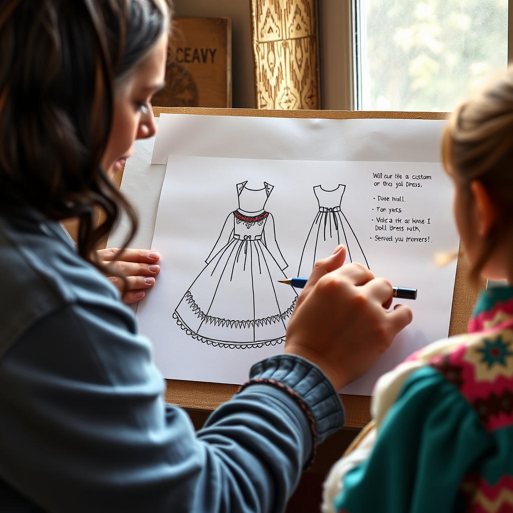 An image depicting an artisan sketching a custom Cherokee doll dress design based on a customer's input. The scene shows the collaboration and personalization involved in creating a one-of-a-kind doll dress. The lighting is natural and highlights the creative process. 4K resolution.
