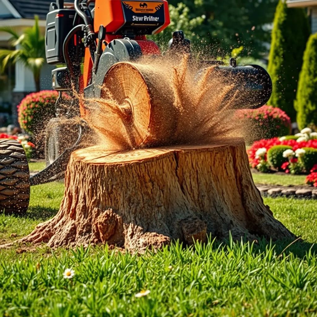 An image of a powerful stump grinder in action, removing a large, weathered tree stump from a residential yard. The image should showcase the precision and efficiency of the machine, with the rotating grinding head creating a cloud of sawdust as it devours the stump. The yard should be well-maintained, with lush green grass and manicured flower beds surrounding the work area.  The image should be rendered in 8K resolution with hyperrealistic detail, capturing the intricate mechanics of the grinder, the texture of the wood, and the swirling patterns of the sawdust. The lighting should be bright and sunny, illuminating the scene with a warm, inviting glow.  The composition should focus on the grinder and the stump, highlighting the contrast between the powerful machine and the weathered wood. 