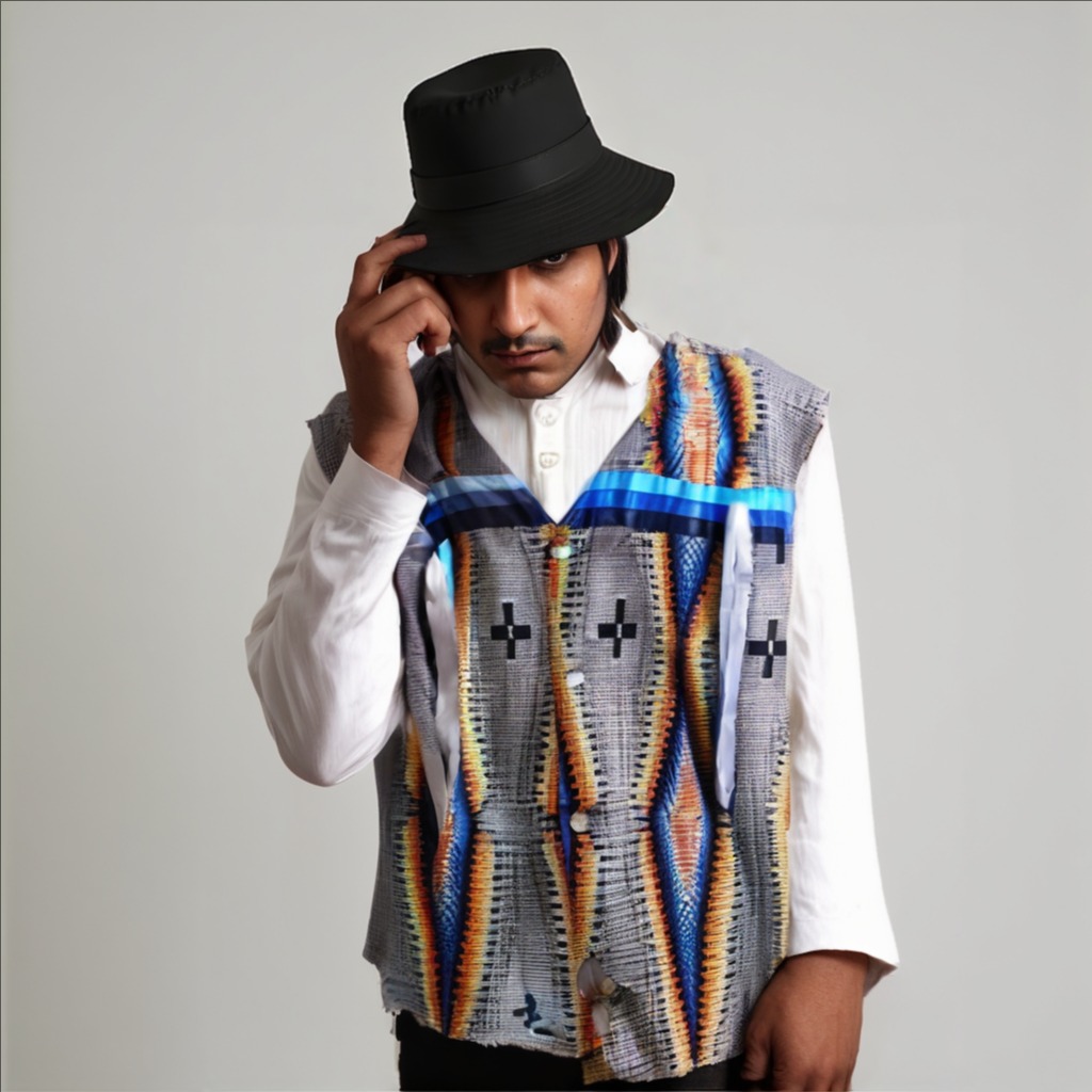 A photorealistic image of a young person wearing a modern Native American-inspired jacket. The jacket incorporates traditional geometric patterns and colors in a contemporary silhouette. The setting could be an urban street, highlighting the juxtaposition of modern and traditional styles. High resolution, detailed textures, sharp focus, vibrant colors