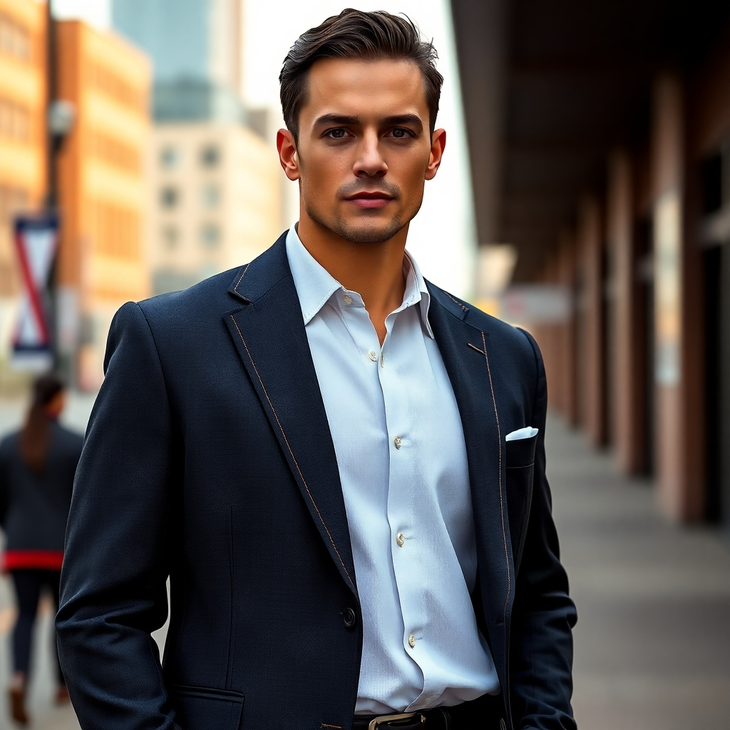 Photorealistic image of a male model wearing a modern, tailored blazer featuring subtle patterns inspired by Plains Indian designs. The blazer is made of high-quality dark fabric, showcasing fine stitching and details. He is standing in an urban setting with a subtle Native American-inspired backdrop, conveying a blend of modern style and cultural heritage. The image should communicate sophistication and respect for cultural traditions. High-resolution, sharp focus, natural lighting.