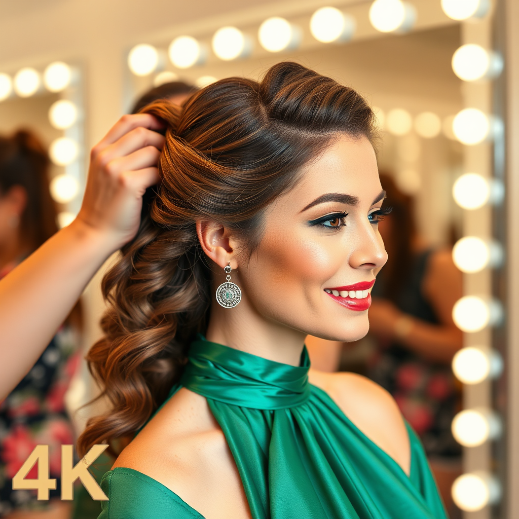 A woman getting ready for an event, focus on the hair styling process, vibrant colors, high energy, 4K resolution.