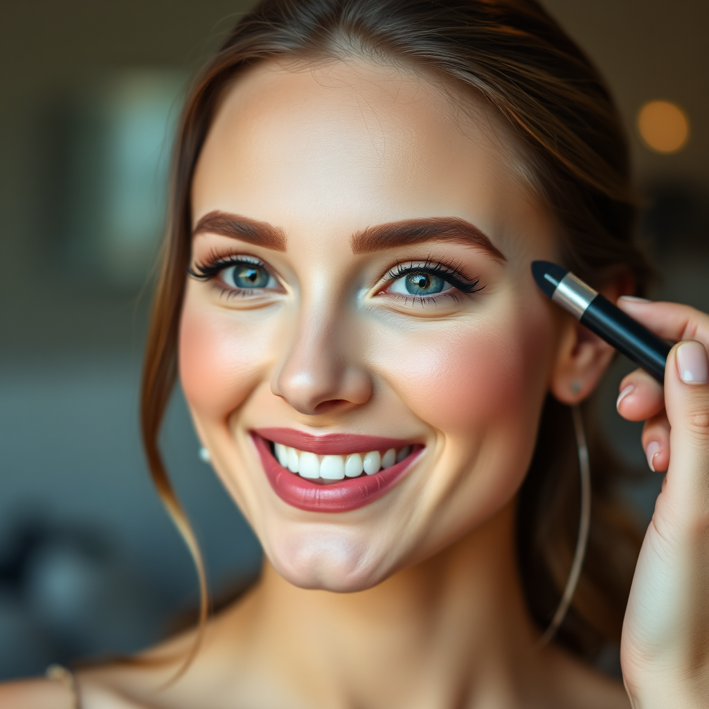 A woman smiling confidently after a natural make-up look application. Soft, natural lighting. Focus on radiant skin. 4K resolution.