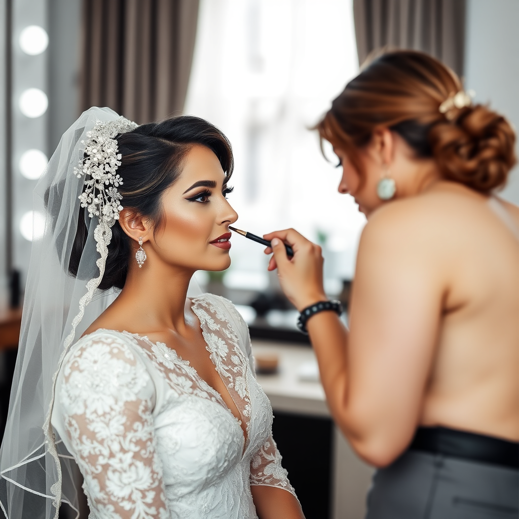Create a photorealistic 4K image for the 'About Us' section of Naara Beauty Services. The image should feature a close-up of hands expertly applying makeup to a client's face, with a focus on the delicate brushstrokes and the blending of colors. In the background, subtly show hints of hairstyling tools and nail polish bottles to represent the range of services offered. The lighting should be soft and warm, highlighting the textures of the skin, makeup, and tools. The color palette should be soothing and elegant, with neutral tones and pops of color from the makeup products. The camera angle should be intimate, conveying a sense of trust and care. The overall style should be clean and modern, reflecting the professionalism and artistry of Naara Beauty Services. Focus on conveying the message of beauty enhancement and personalized care.