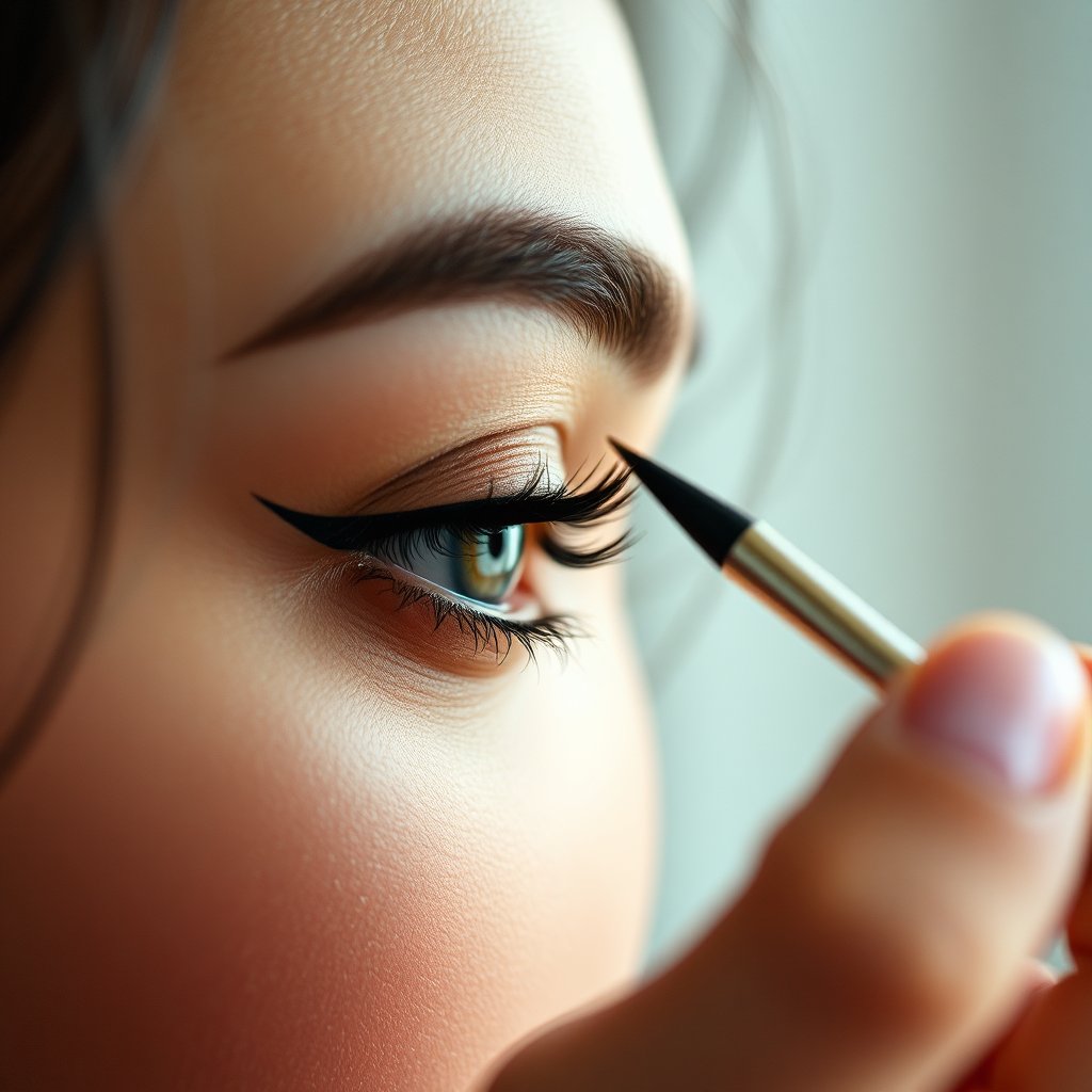 A makeup artist applying eyeshadow with a brush, highlighting the client's eye. Soft lighting, focus on detail, 4K resolution.
