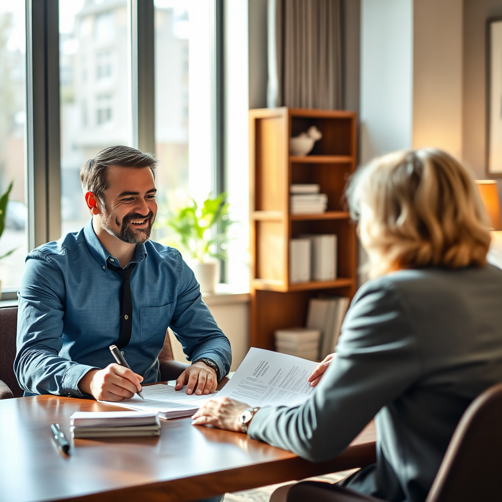 A friendly real estate agent sitting across from a client, reviewing property documents together. Natural light, warm and inviting office setting. Professional attire. 4K, photorealistic.
