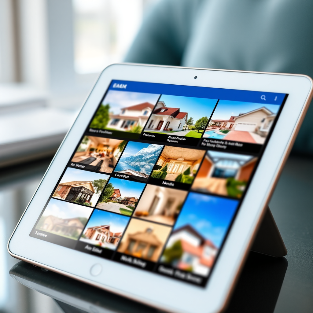 A tablet displaying a visually appealing real estate app with a diverse selection of property images. Clean, modern interface. Bright and colorful design. 4k.
