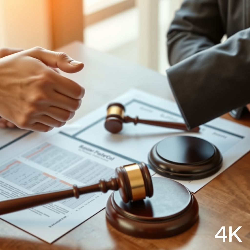 Two hands shaking in agreement over a set of property documents. A gavel rests subtly in the background, symbolizing legal expertise. Professional, confident atmosphere. 4K, photorealistic.