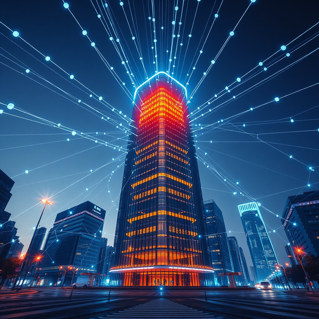 Capture a dynamic scene of interconnected digital networks converging on a central hub, symbolizing Maverick & Derrick Consult. Visualize abstract data streams flowing into a stylized, modern building facade reflecting progress and innovation. The lighting should be soft and futuristic, with accents of vibrant blue and orange to represent digital connectivity and energy. The camera angle should be a low angle, emphasizing the building's height and impact. Include subtle textures of glass, metal, and fiber optics. The surrounding environment should be a clean, minimalist cityscape at twilight. Add elements of digital devices (laptops, tablets) subtly integrated into the scene to represent the tools of digital marketing. Style: Modern, futuristic, and professional. Technical Specs: 8K resolution, hyperrealistic rendering, high dynamic range.