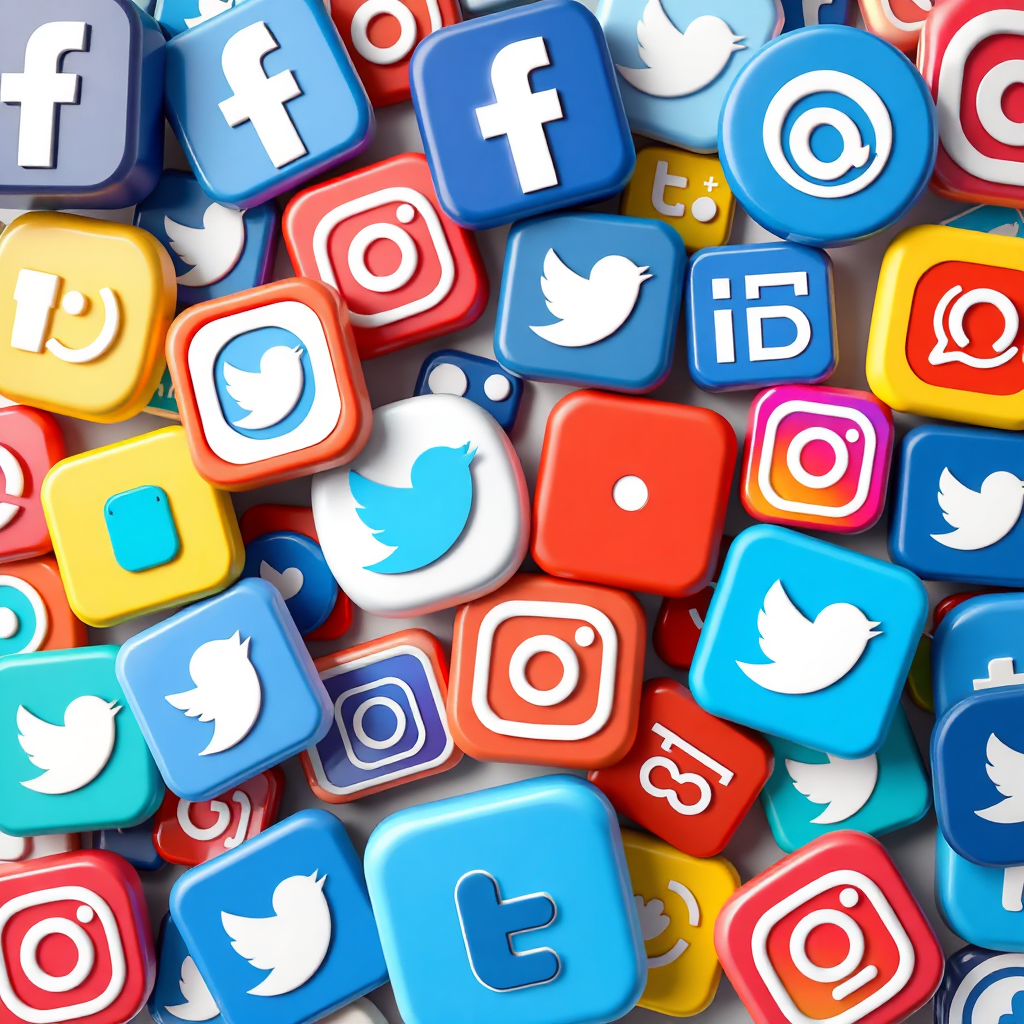 Create a collage of various social media icons (Facebook, Instagram, Twitter, etc.) arranged in a dynamic and visually appealing composition. The icons should be vibrant and recognizable, representing the diversity of social media platforms. Use a color palette of bright and cheerful colors to represent social engagement. Style: Modern, social-focused. Technical Specs: 4K resolution, high quality rendering.