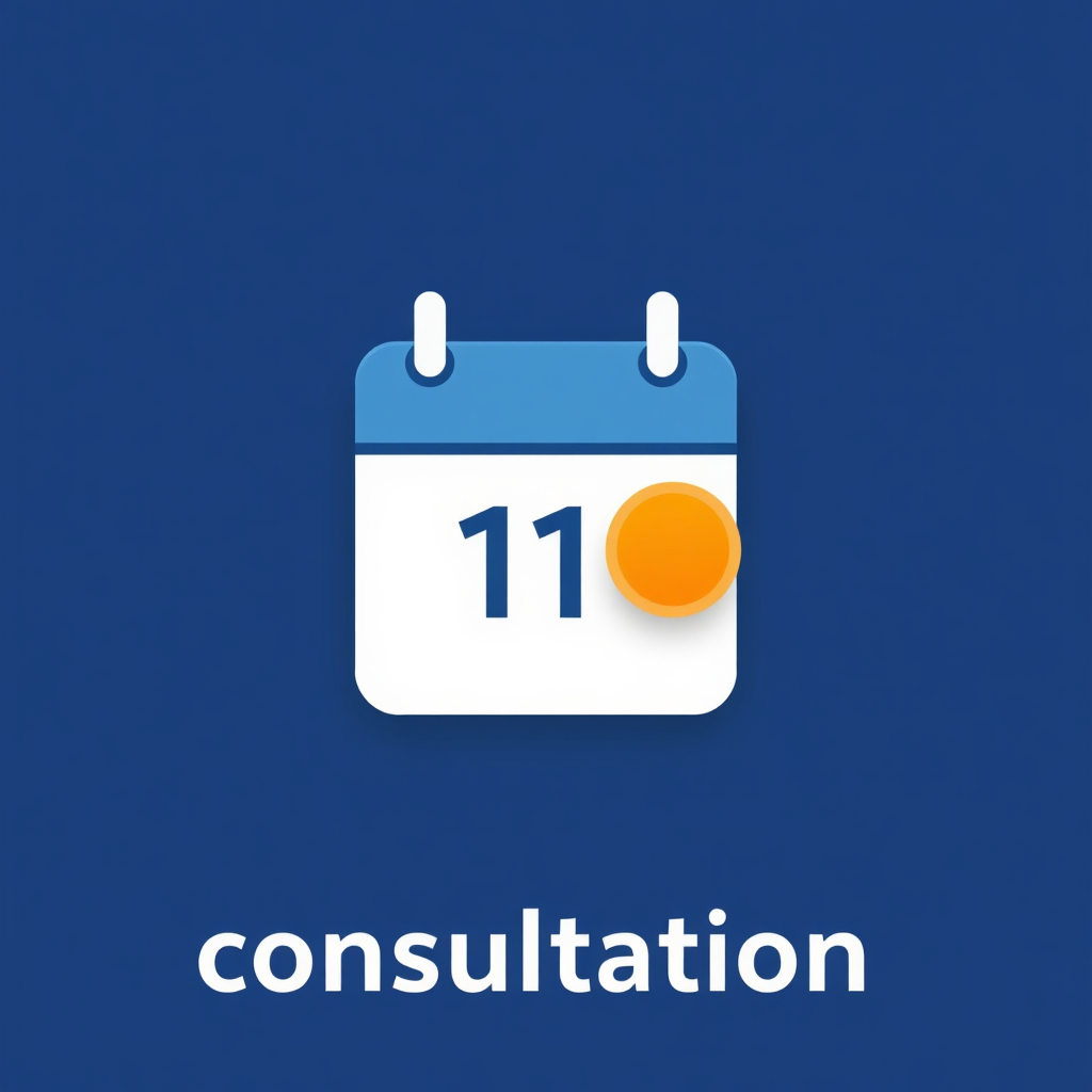 Visualize a calendar icon with a highlighted date, symbolizing scheduling a consultation. The calendar icon should be clean and modern, representing organization and planning. Use a color palette of professional and trustworthy colors to represent consultation. Style: Modern, consultation-focused. Technical Specs: 4K resolution, clean and professional.