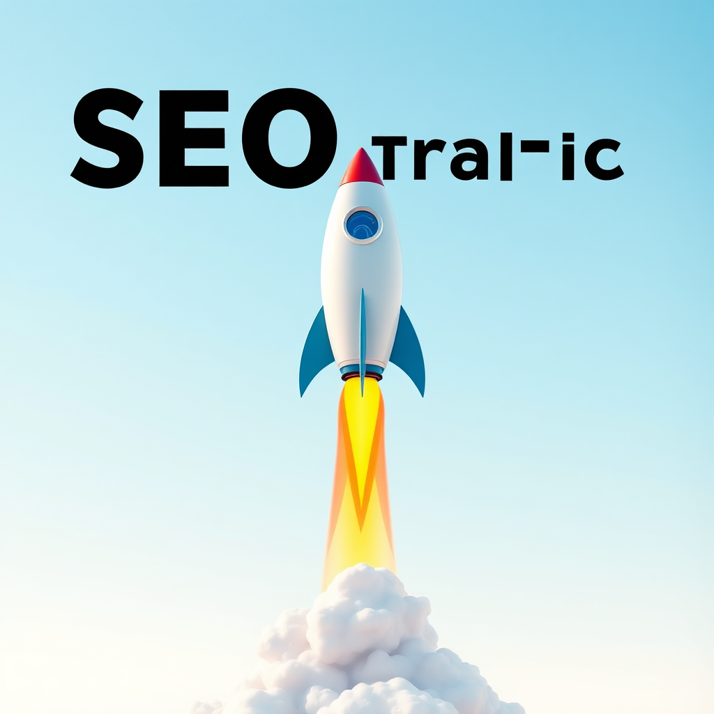 Visualize a rocket taking off towards the sky, with the rocket representing website traffic and SEO optimization. The rocket should be modern and sleek, symbolizing success. Use a color palette of vibrant and dynamic colors to represent growth and progress. The background should be a clear sky, representing unlimited potential. Style: Modern, SEO-focused. Technical Specs: 4K resolution, high quality rendering.