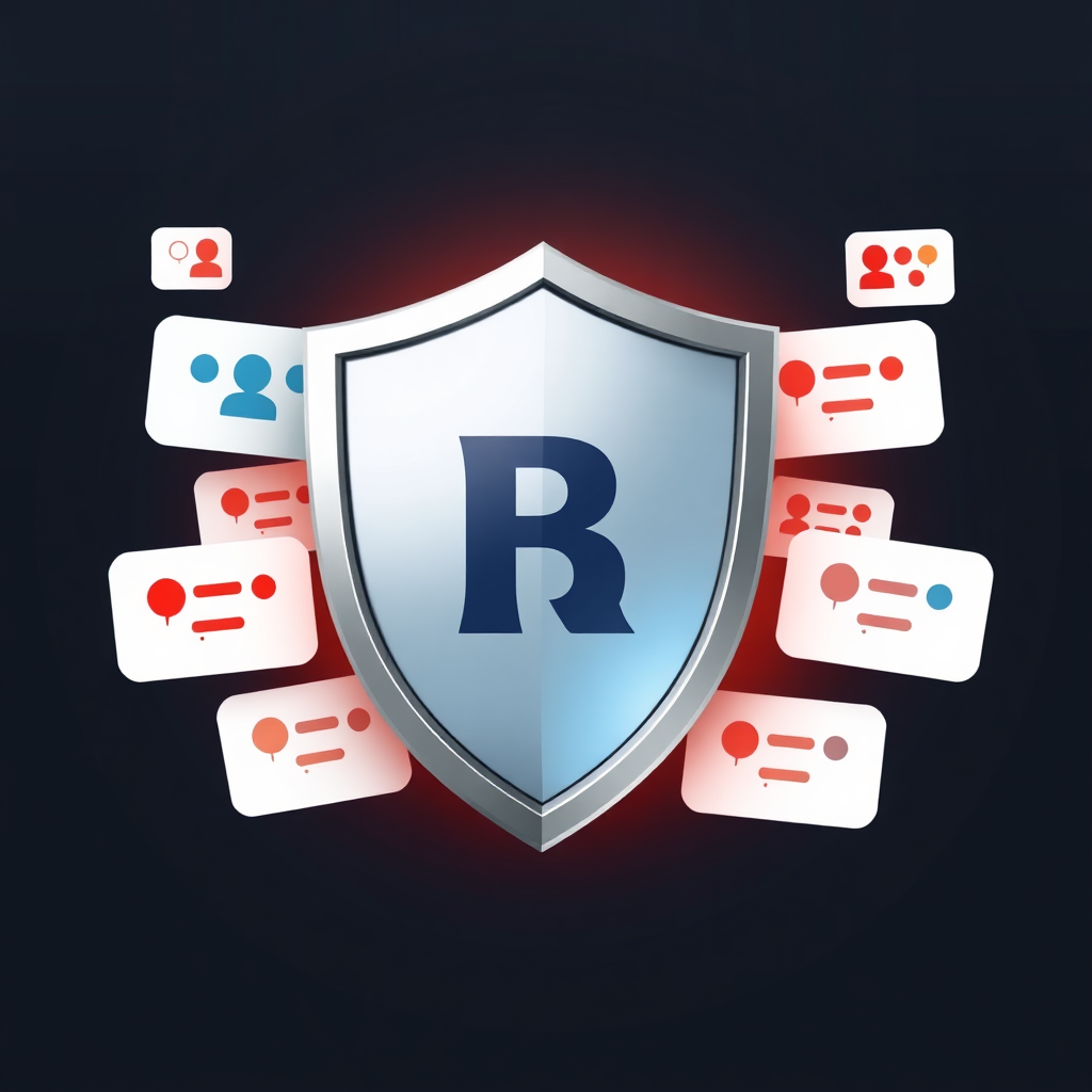 Visualize a shield protecting a brand logo from negative comments, symbolizing reputation management. The shield should be strong and resilient, deflecting negative feedback. The brand logo should be clean and modern, representing the essence of the brand. Use a color palette of reassuring and protective colors to represent reputation management. Style: Modern, reputation-focused. Technical Specs: 4K resolution, clean and professional.