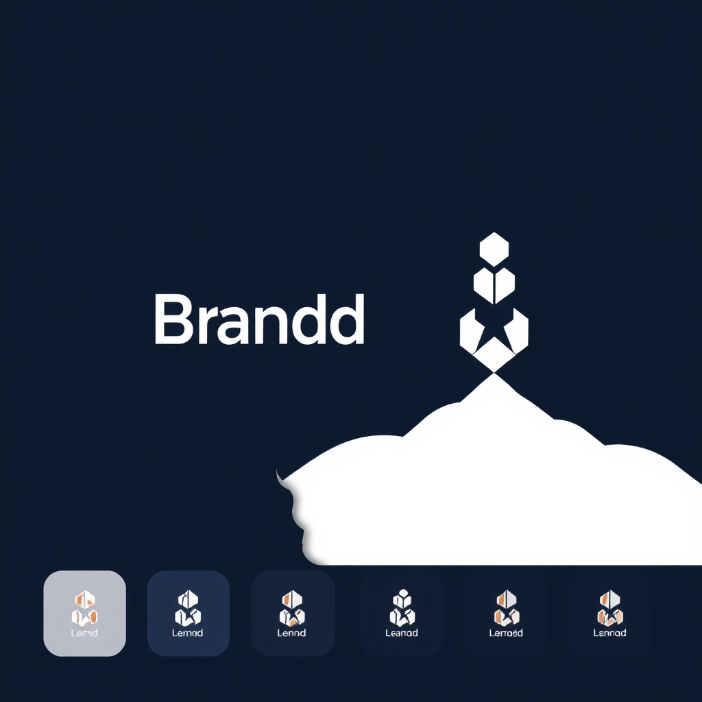 Visualize a stylized logo rising from a foundation of interconnected elements, symbolizing brand building and growth. The logo should be clean and modern, representing the essence of the brand. Use a color palette of sophisticated and professional colors to represent brand identity. Style: Modern, brand-focused. Technical Specs: 4K resolution, clean and professional.