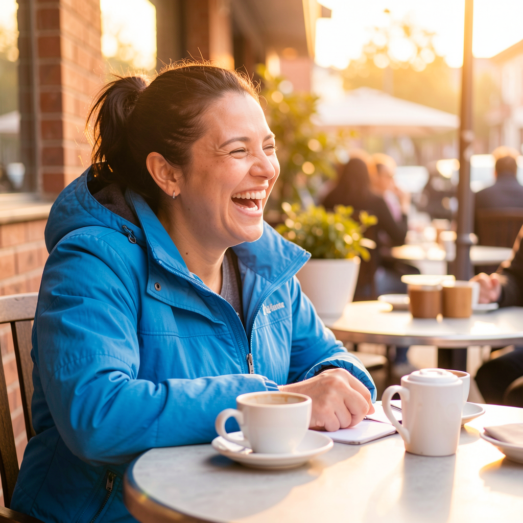 Cheerful person laughing at cafe