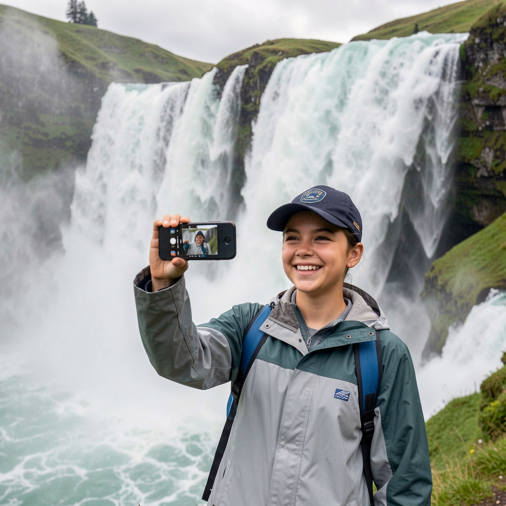 Hiker taking phone selfie at waterfall