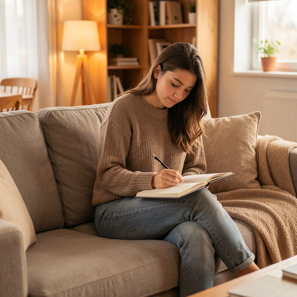 Woman writing journal on couch