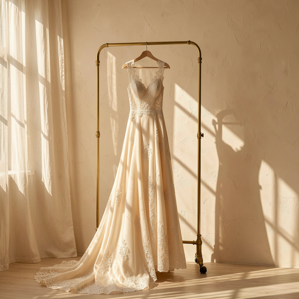 Wedding dress on a brass rack