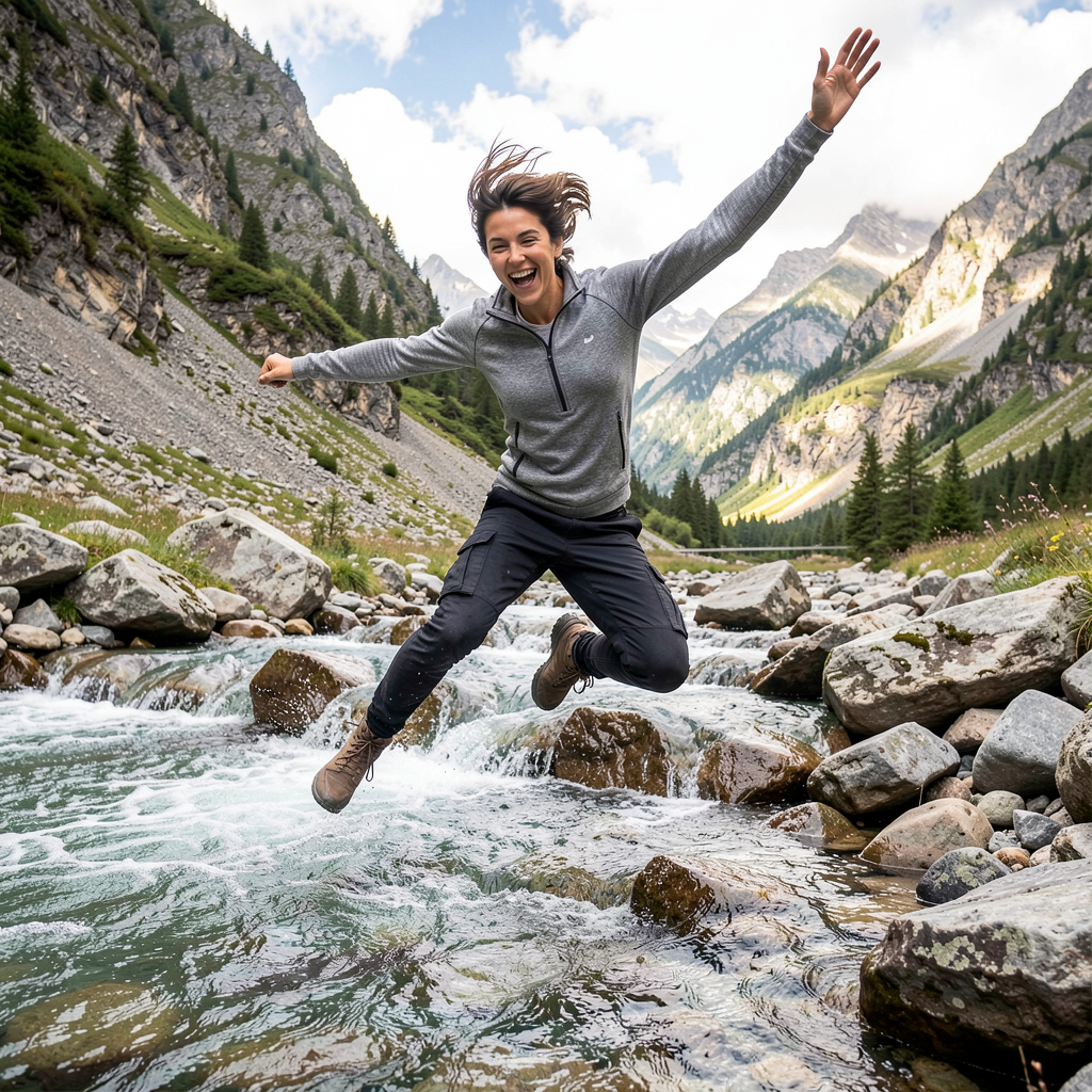 Explorer leaping over stream