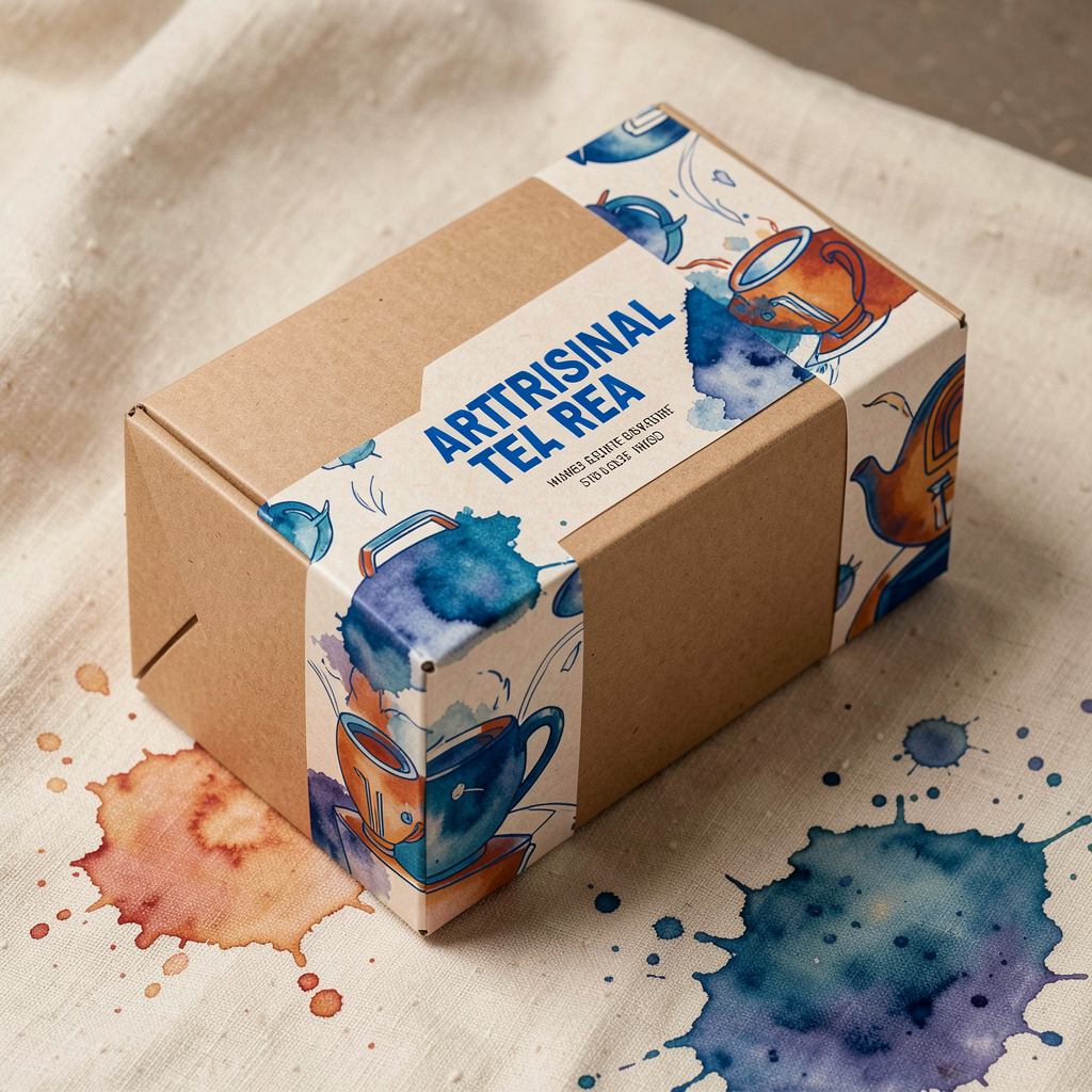 Artisanal packaging branding mockup with watercolor splashes