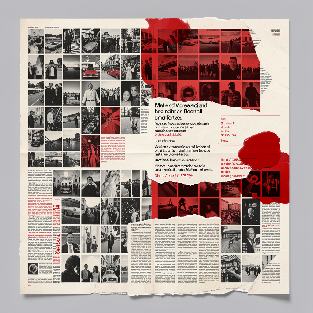 Retro-futuristic editorial layout with red ink elements