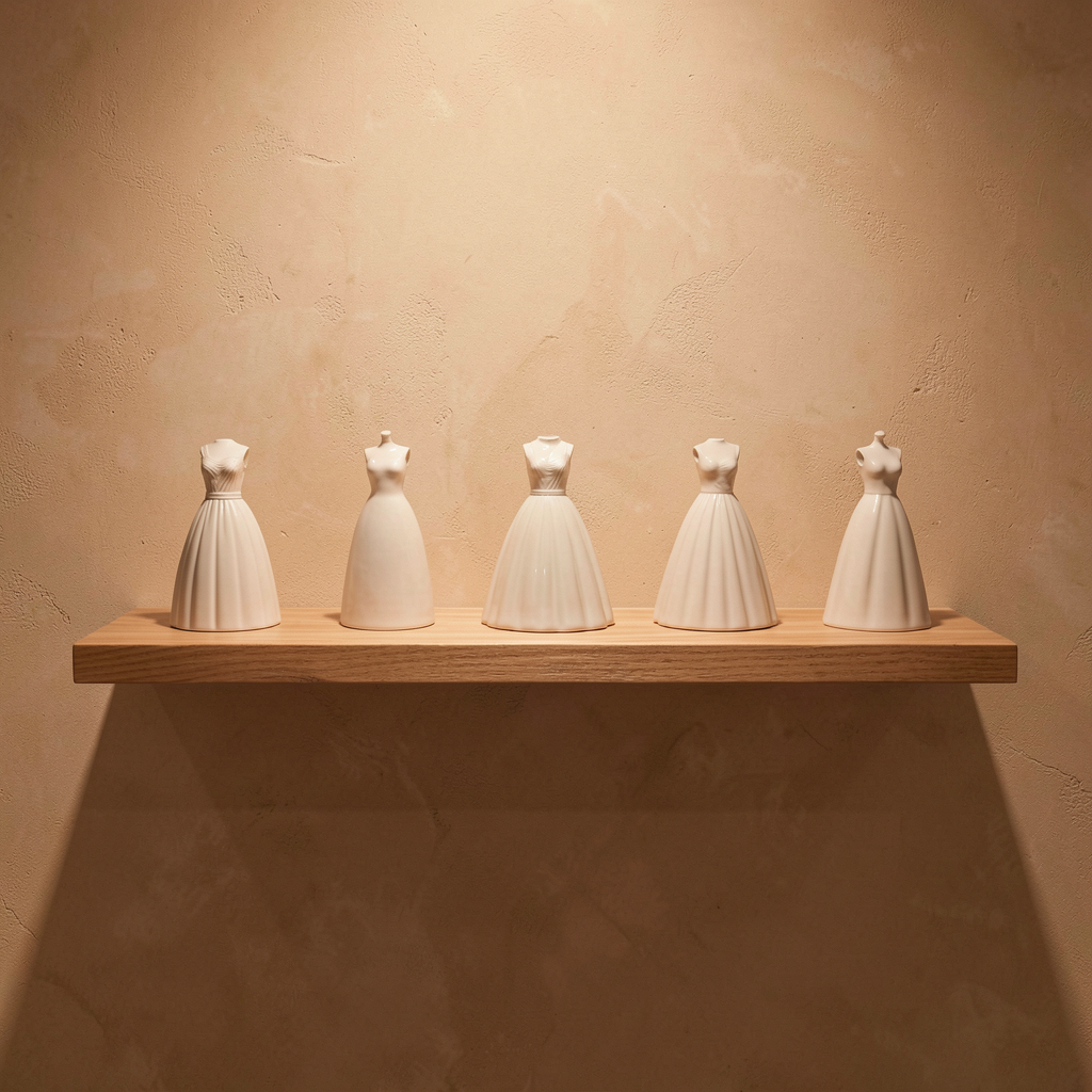 Collection of porcelain wedding dress sculptures on a shelf