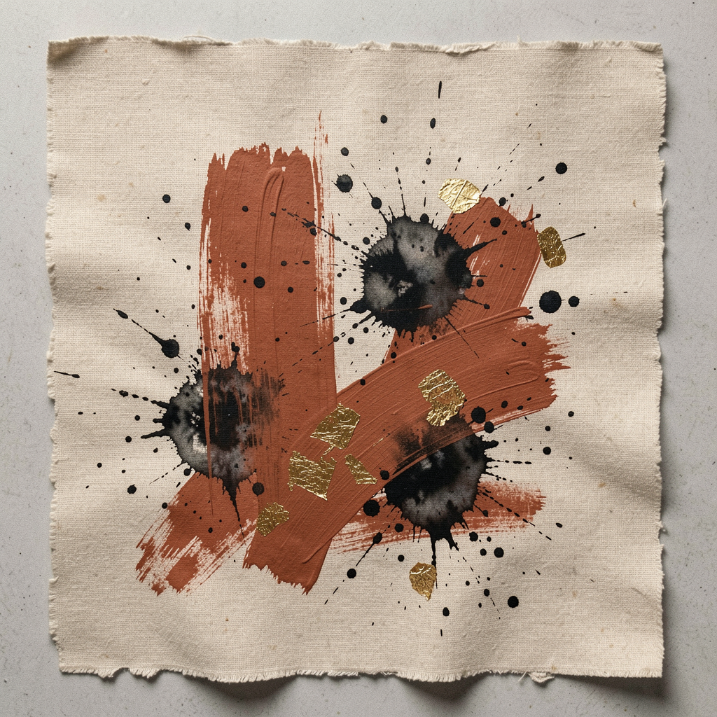 Abstract mixed media canvas with clay and ink textures
