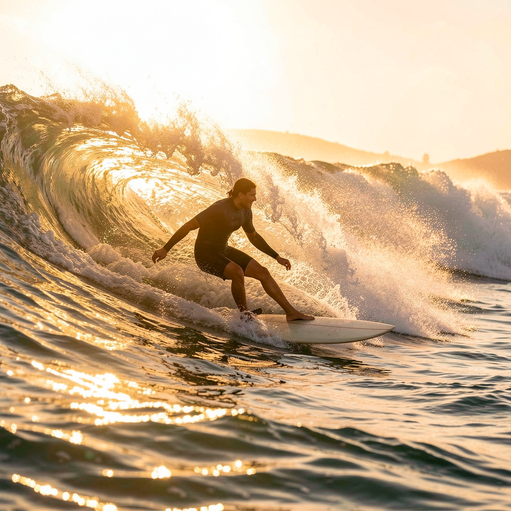 Surfer catching wave