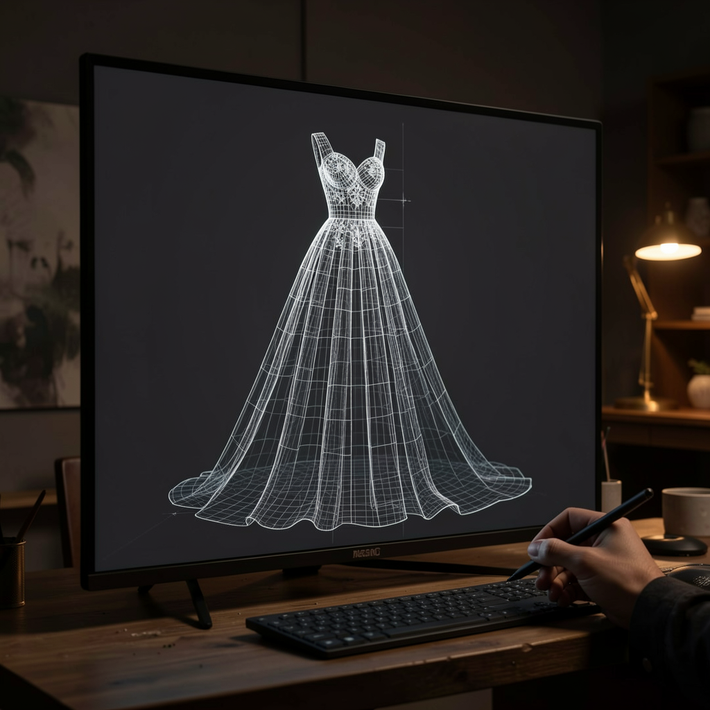Digital 3D wireframe model of a wedding dress
