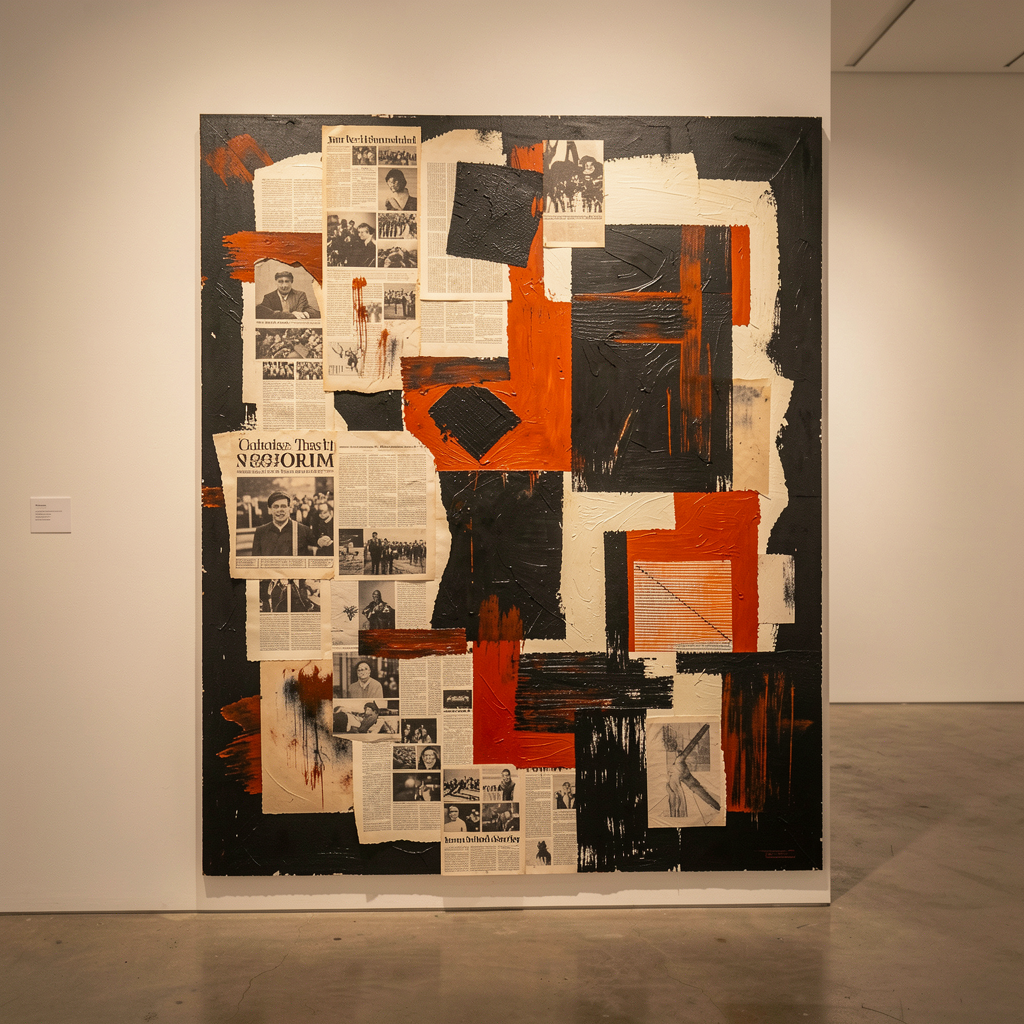 Expressive mixed media collage artwork in a gallery