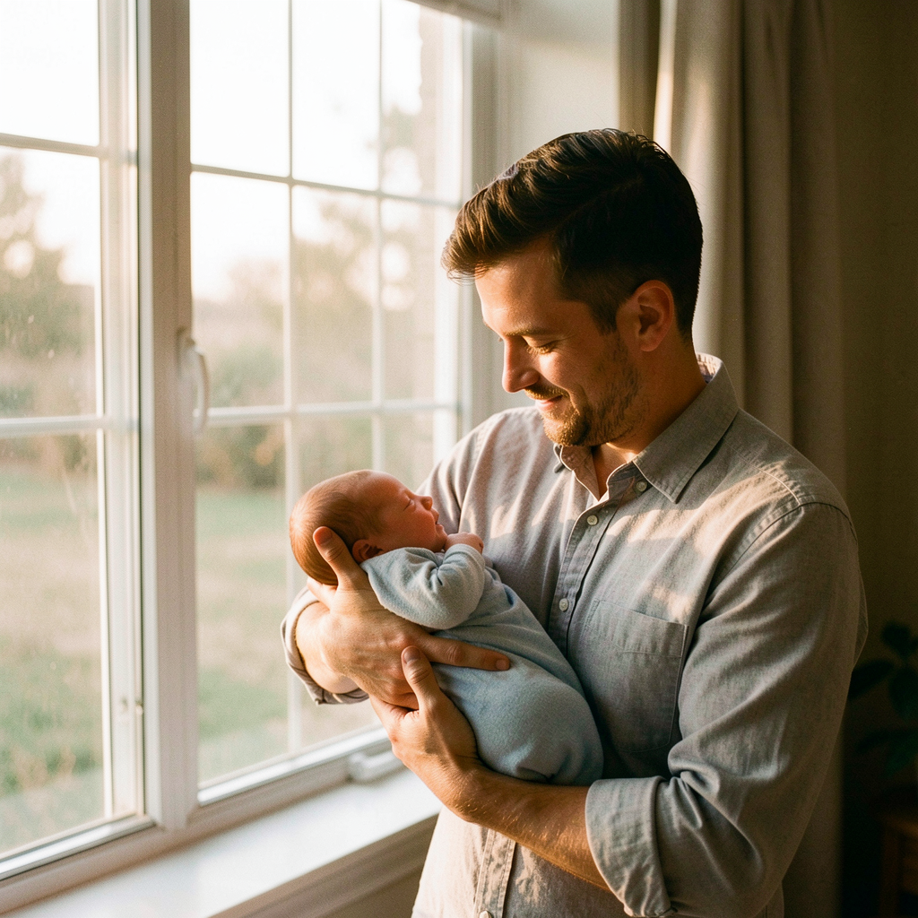 Father and baby by window