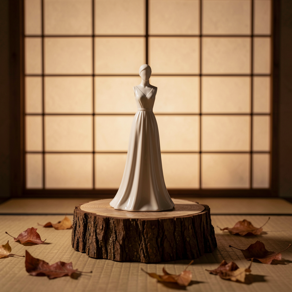 Wedding dress sculpture in a Japanese-inspired interior