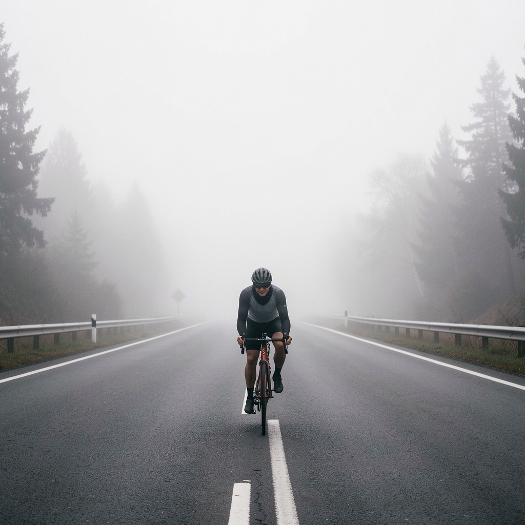 Cyclist in heavy fog