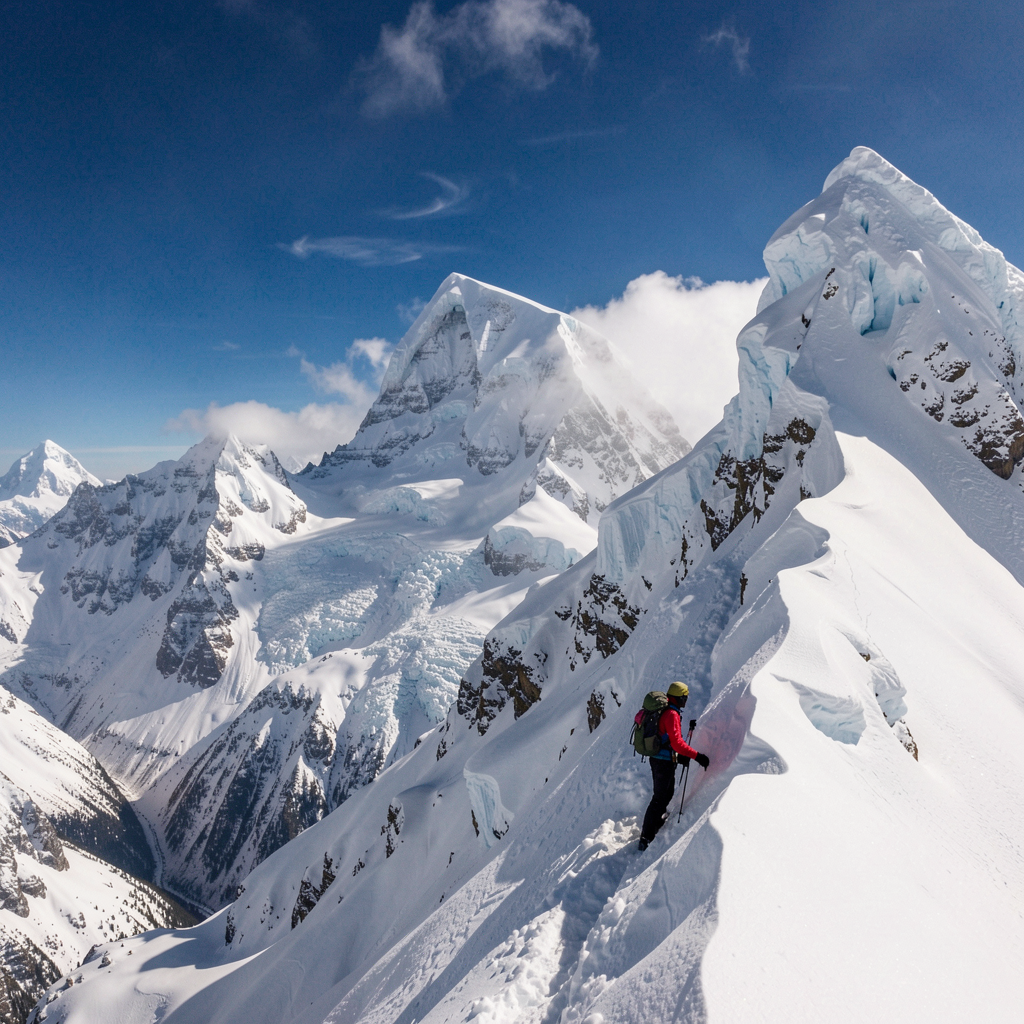 Backpacker climbing snowy peak