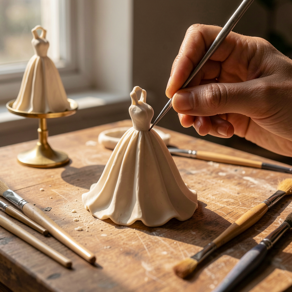 Hands sculpting a miniature porcelain wedding dress