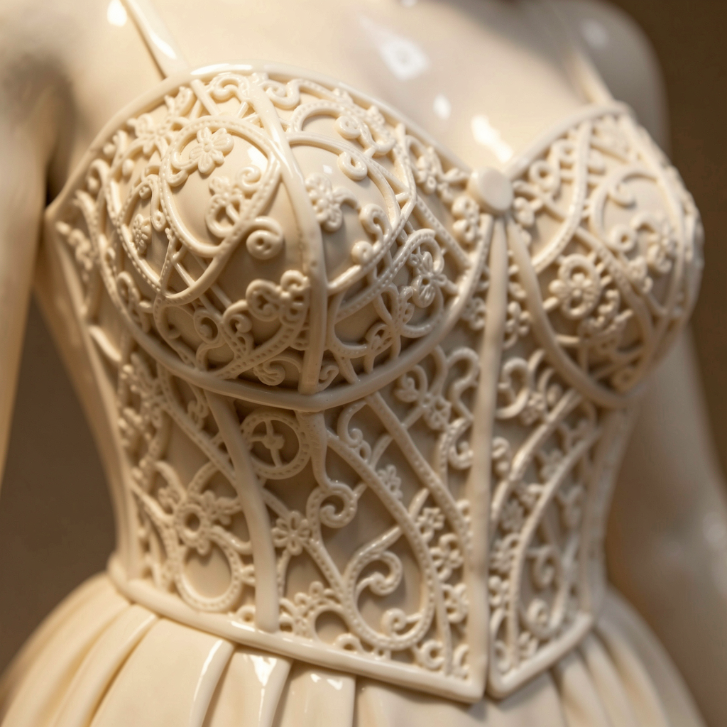 Detail of a sculpted porcelain dress bodice