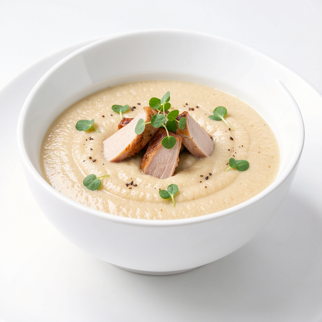 Puree soup with turkey pieces
