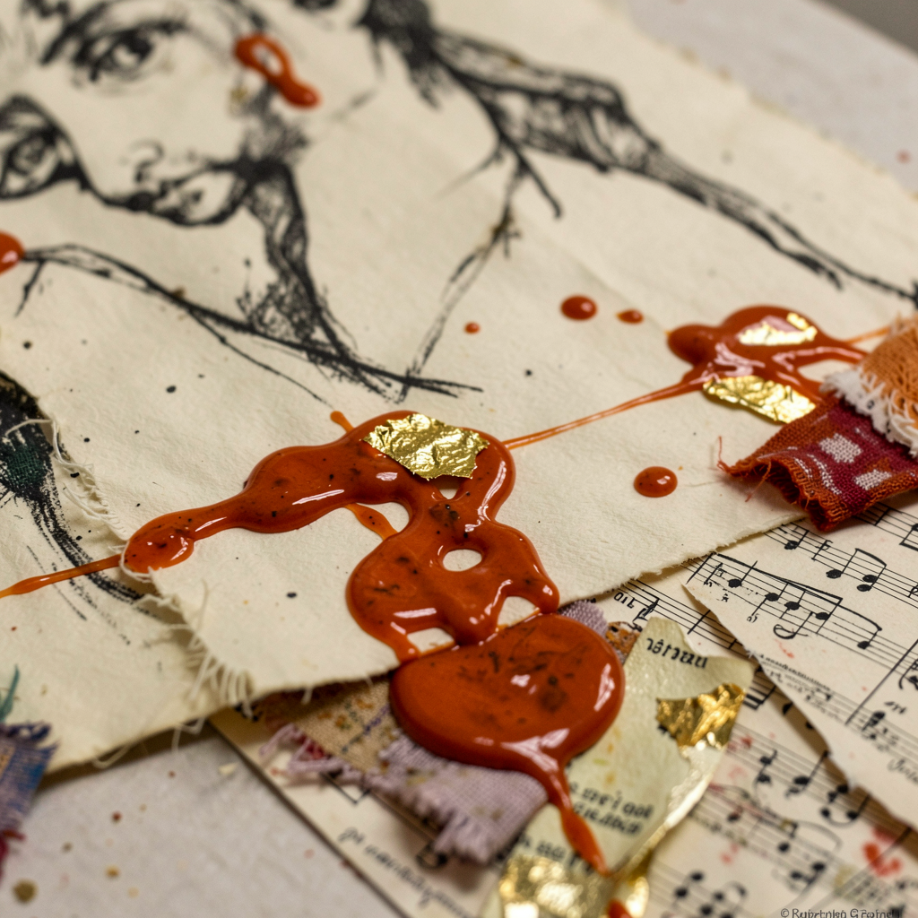 Detail of mixed media texture with paint and paper layers