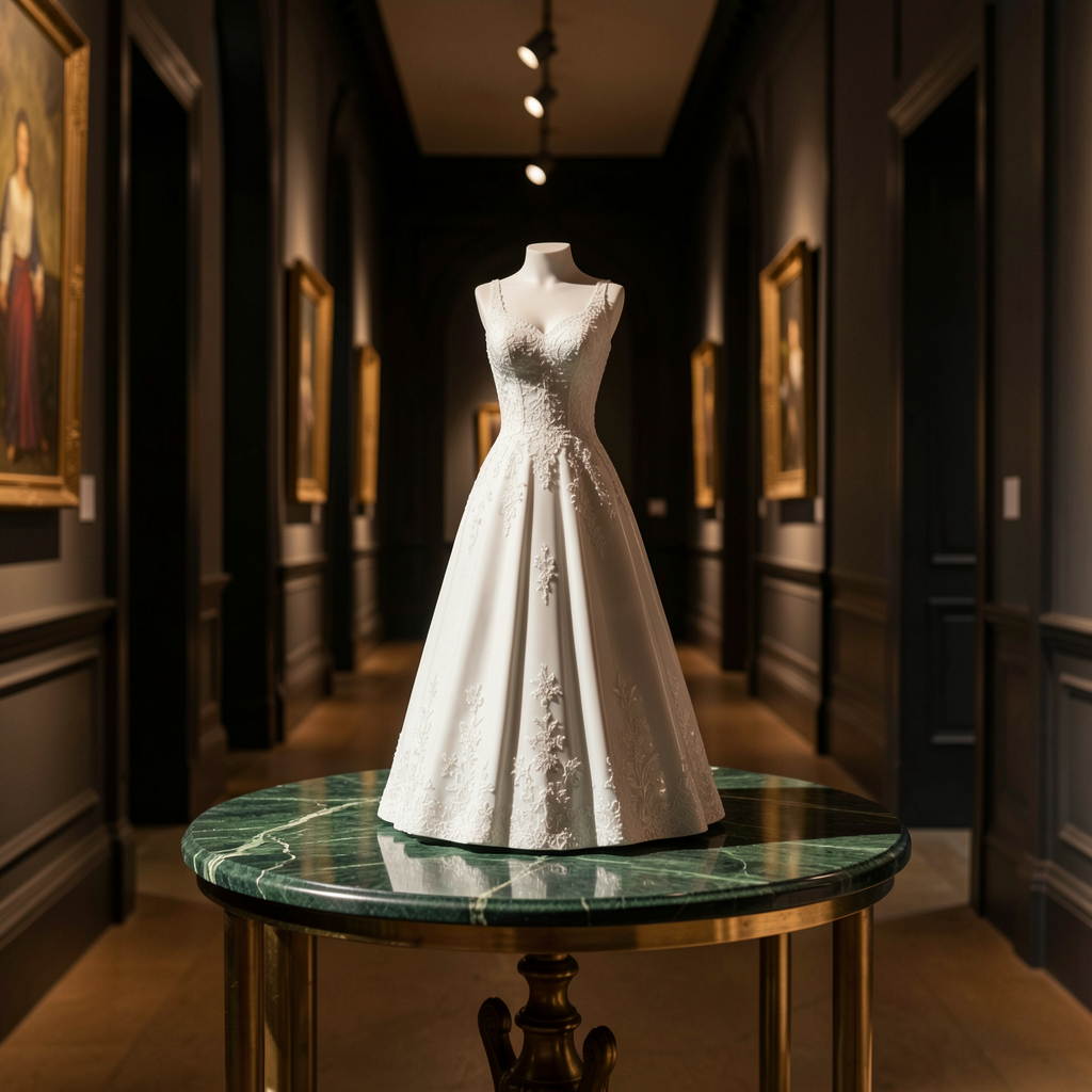 Wedding dress sculpture on a marble table