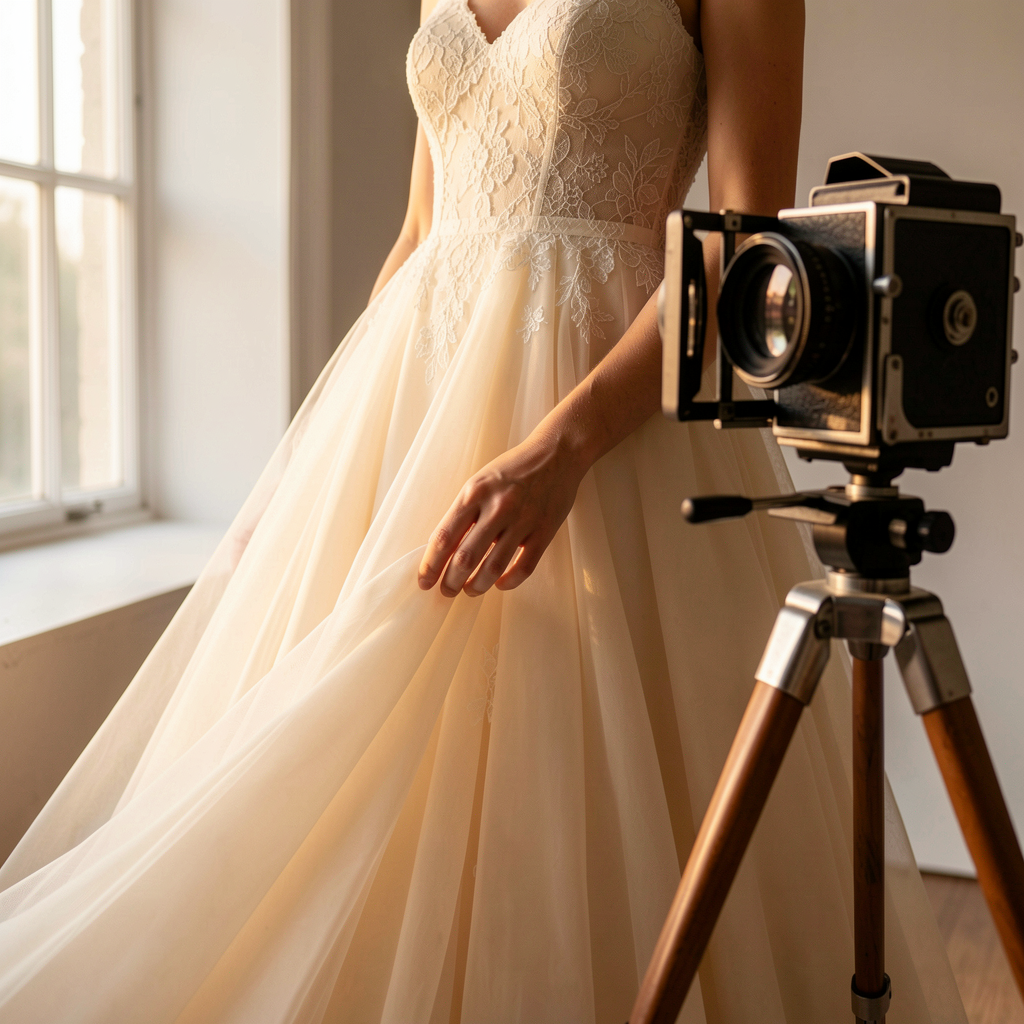 Wedding dress being photographed in a studio