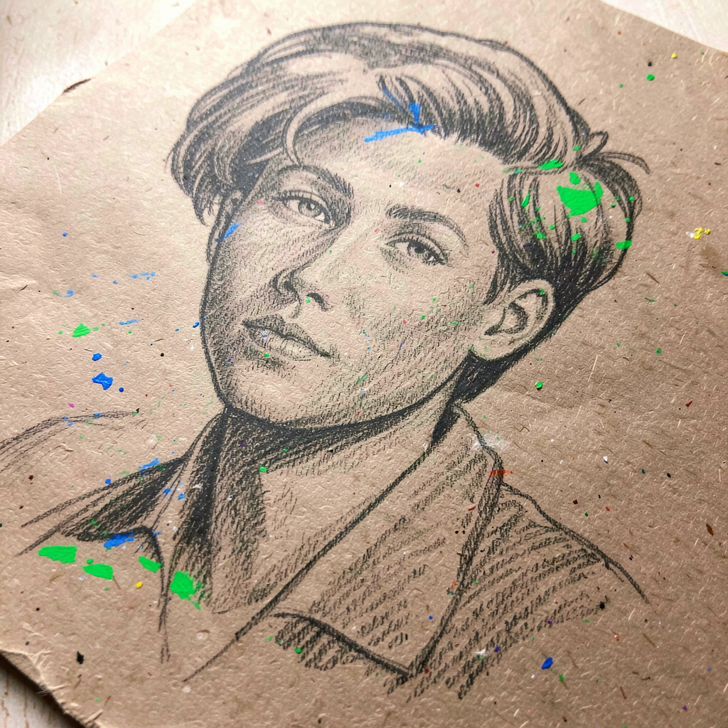 Close-up charcoal sketch on rough kraft paper