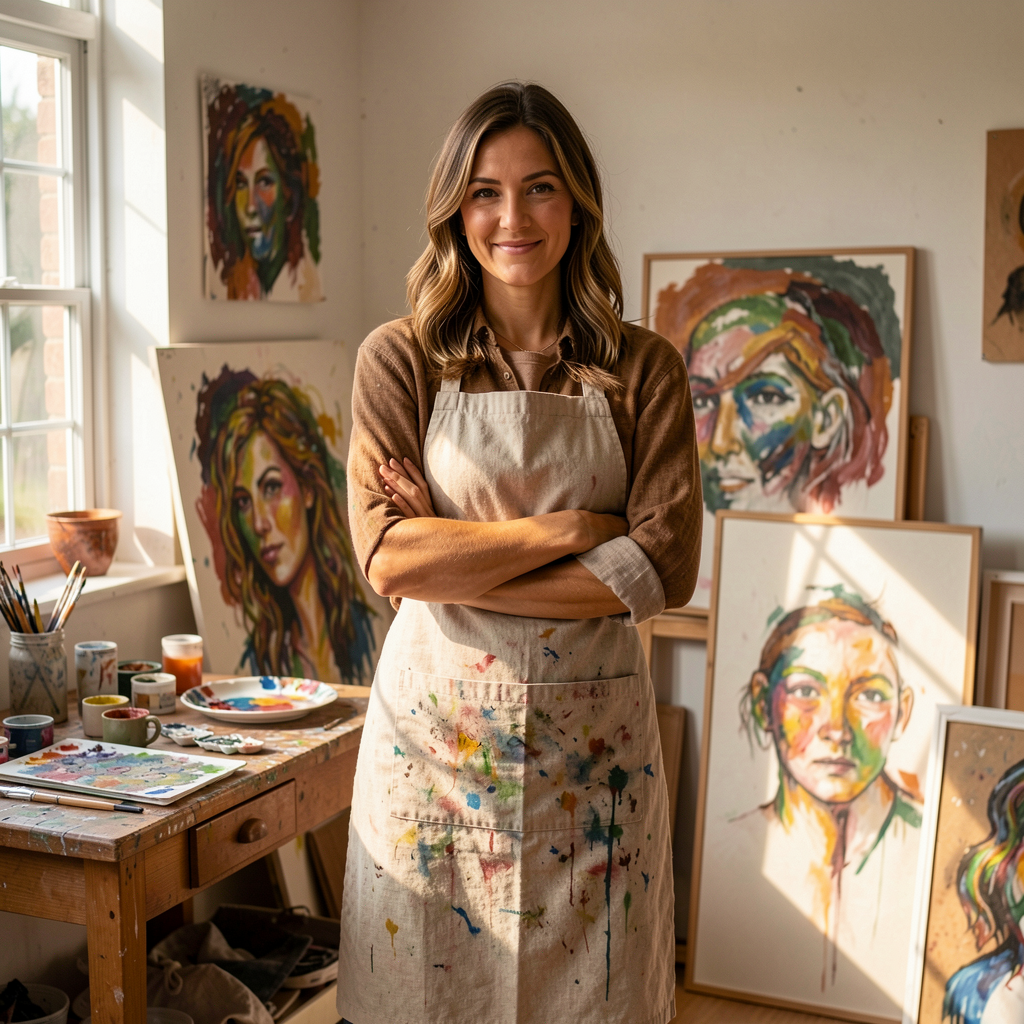 Mixed media artist portrait in her studio