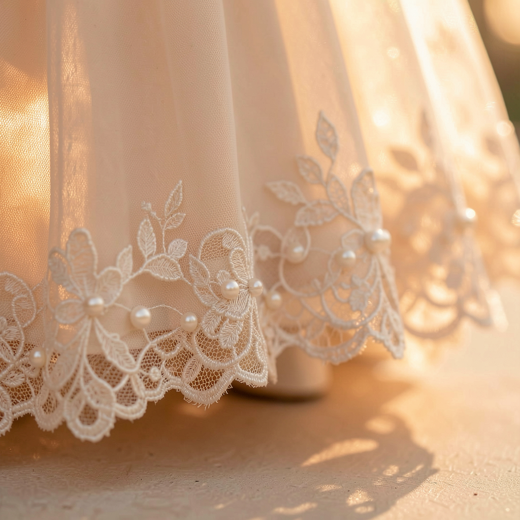 Close-up of lace detail on a wedding dress
