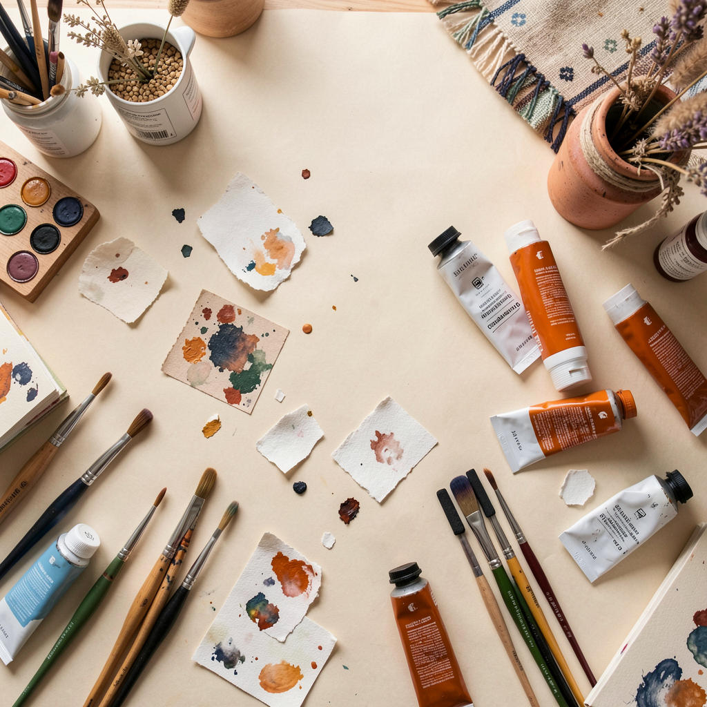 Flat lay of mixed media artist studio desk