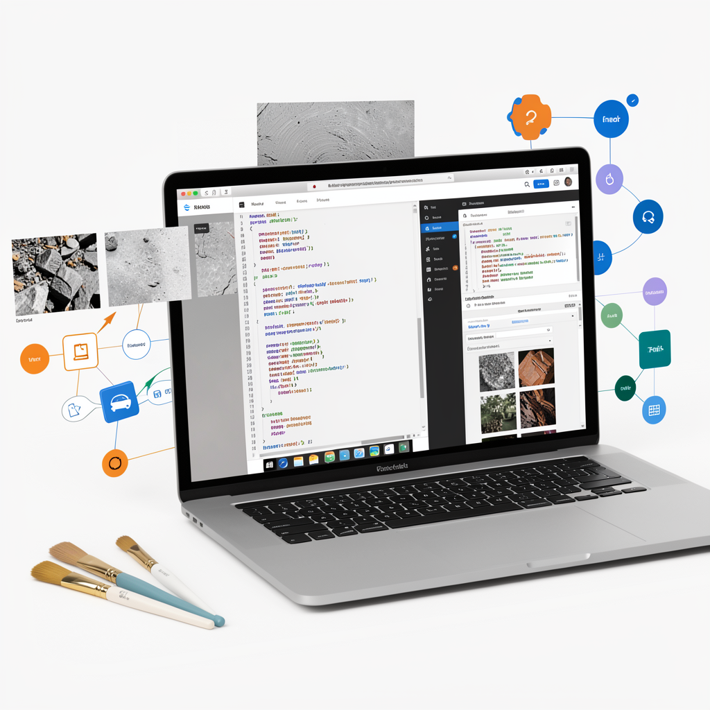 Web developer screen coding HTML/CSS next to paint brushes
