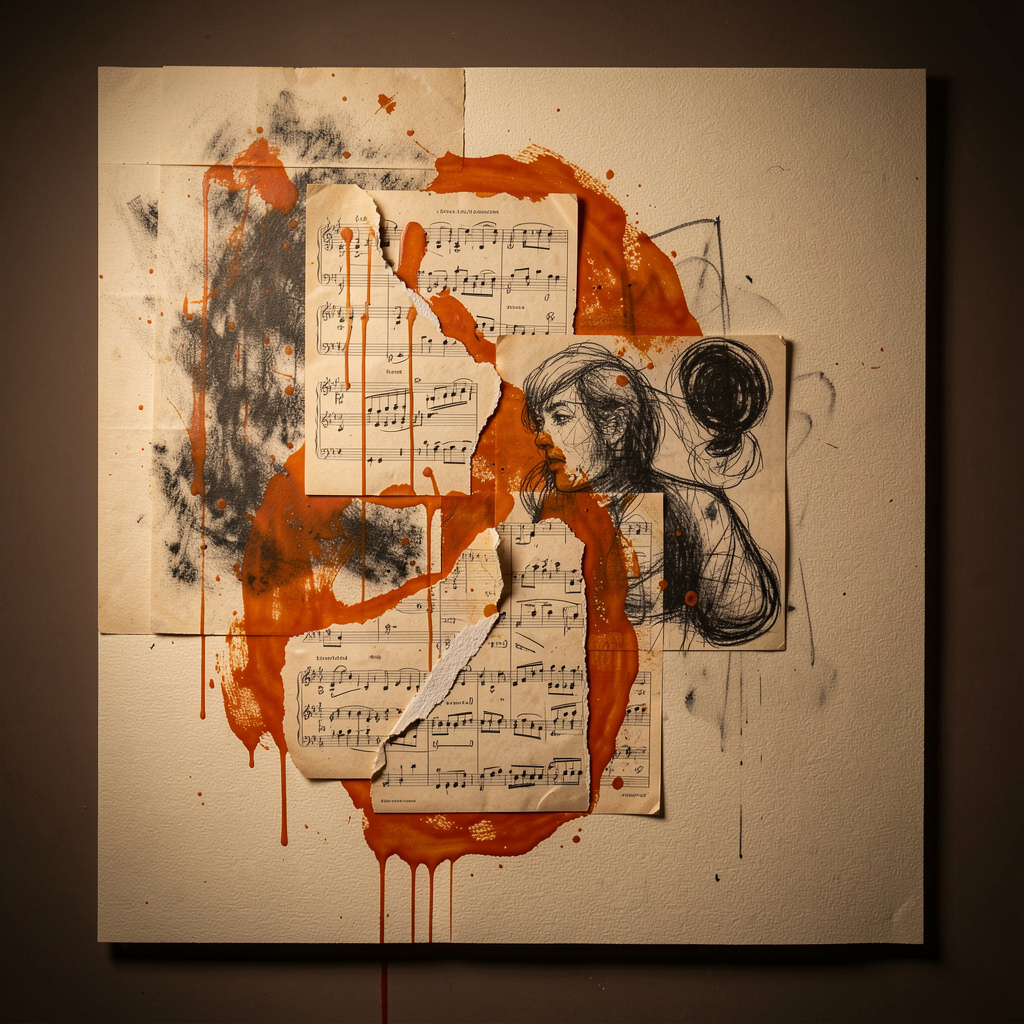 Abstract mixed media artwork with sheet music and charcoal