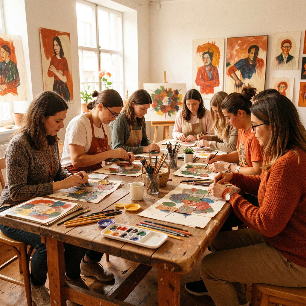 Creative workshop with people crafting mixed media
