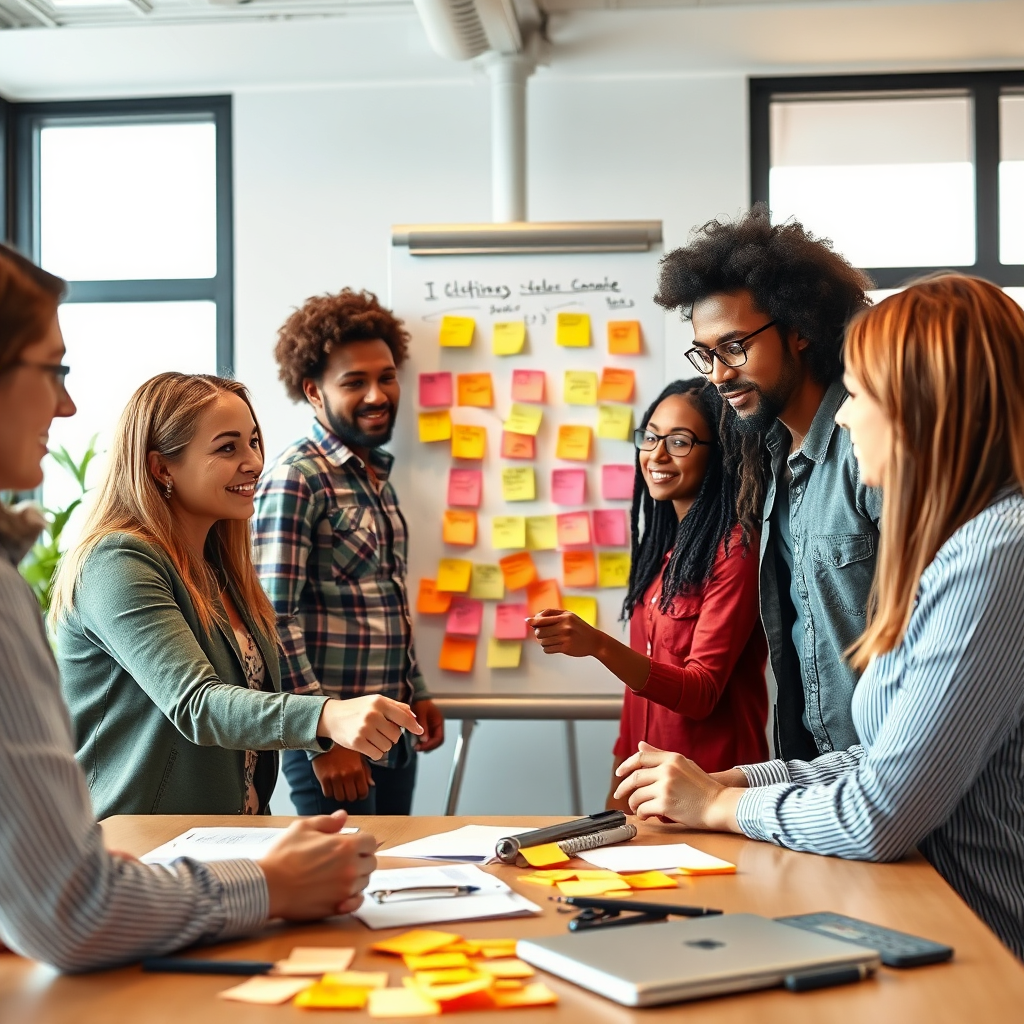 Create a photorealistic image of a brainstorming session with a diverse team using sticky notes and a whiteboard. The office should be brightly lit, with a creative, inspiring atmosphere. Utilize a color palette of warm tones to enhance engagement, capturing determined expressions of team members focused on planning. The technical quality should be high, with every detail of tools and gestures captured distinctly.